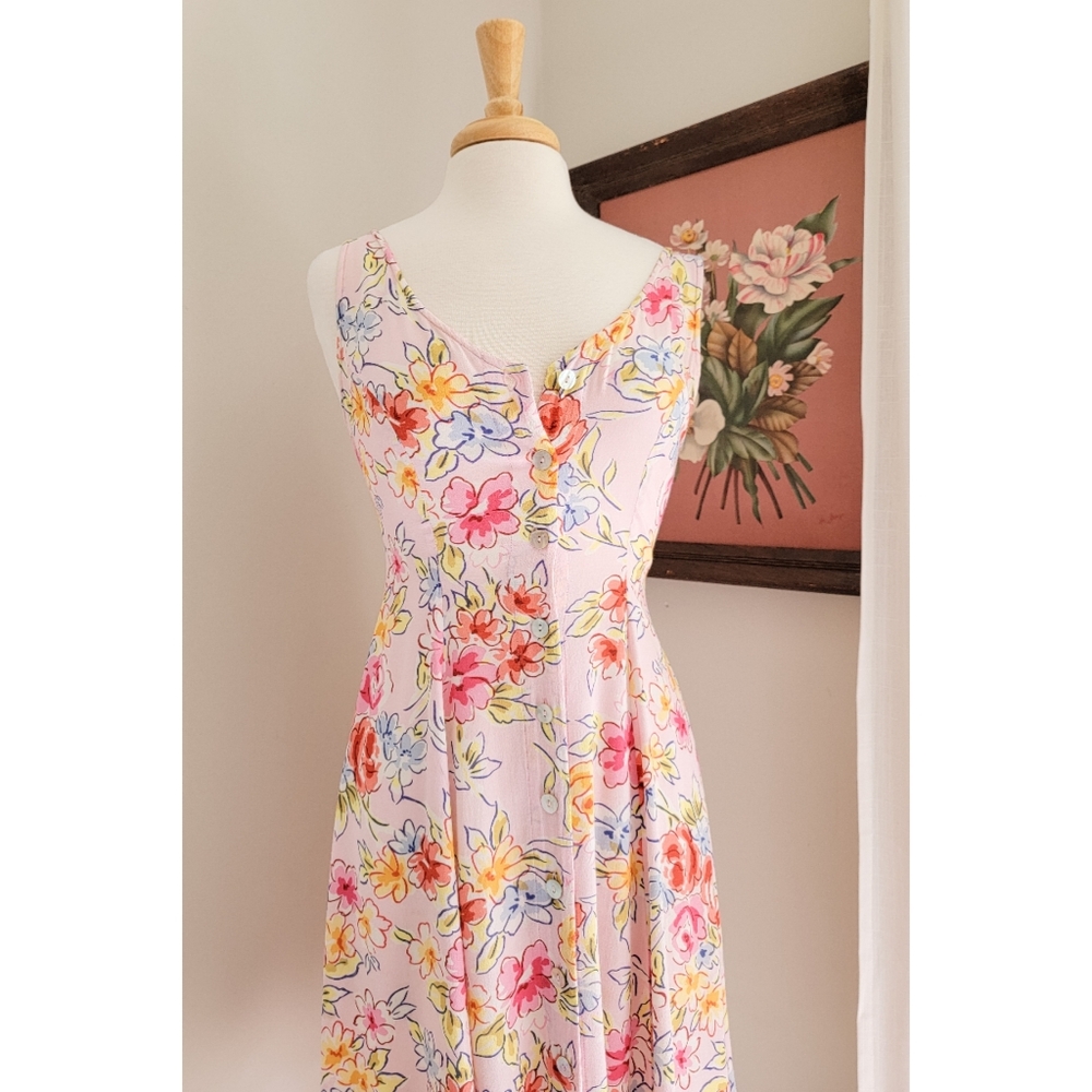 90s Pink Floral Button Front 1990s Vintage Fit & Flare Flowy Midi Length Dress - Picture 9 of 15